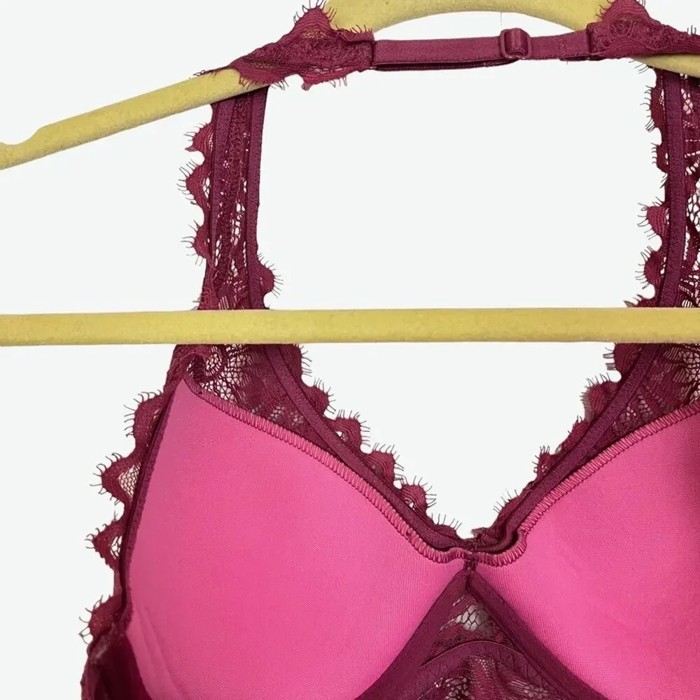 VICTORIA'S SECRET Pink Lace Floral Halter Lightly Lined BRALETTE Bra Underwire S